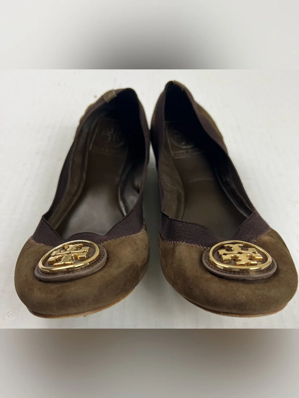 Tory Burch Brown Suede Logo Ballet Flats with Gold Emblem